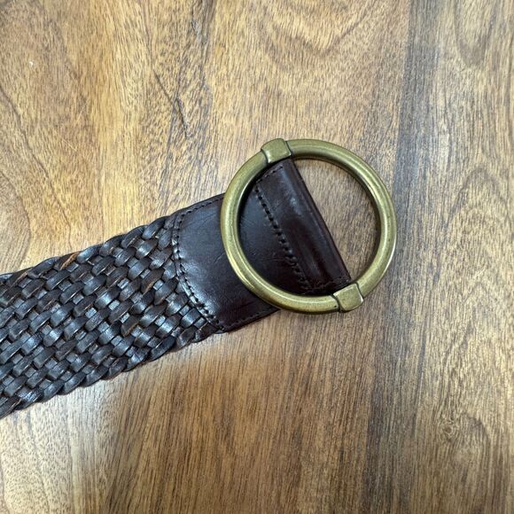 Wide Chocolate Brown Braided Belt Brass Buckle Adjustable Ring Leather Vintage
